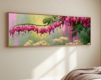 Dark Pink Bleeding Heart Flower Canvas Wall Art Botanical Garden Painting Cottagecore Decor Framed Floral Artwork Panoramic Living Room Art