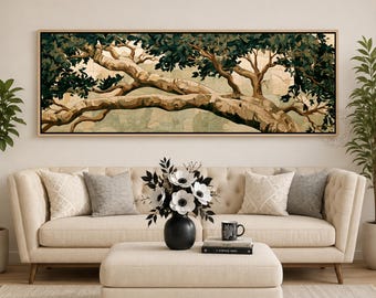 Large Tree Artwork, Panoramic Birch Tree Wall Art, Rustic Forest Nature Canvas, Textured Tree Trunk Print, Over Sofa Decor for Living Room