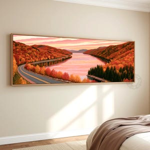 Autumn Mountain Lake Wall Art, Fall Foliage Landscape Canvas, Scenic Road Lake View, Rustic Lodge Nature Decor, Panoramic Artwork