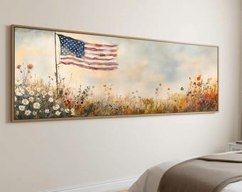 American Flag Wildflower Panoramic Wall Art, Extra Wide Patriotic Landscape Canvas, Rustic Horizontal Decor