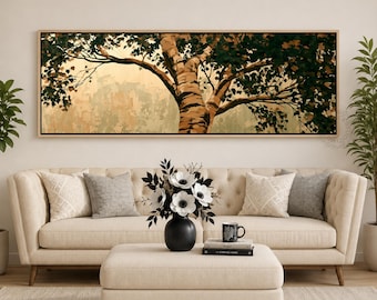 Panoramic Birch Tree Wall Art, Rustic Forest Nature Canvas, Large Tree Artwork, Textured Tree Trunk Print, Over Sofa Decor for Living Room