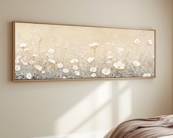 Textured Botanical Floral Canvas Wall Art Pink Flower Meadow Painting Neutral Beige Landscape Panoramic Living Room Decor Luxury Bedroom Art