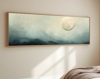Moon Wall Art Celestial Canvas Print Misty Mountain Landscape Large Neutral Bedroom Decor Modern Minimalist Framed Canvas Panoramic Artwork