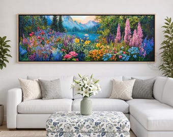 Mountain Lake Wildflower Canvas, Panoramic Alpine Landscape Art, Vibrant Meadow and Trees Painting, Colorful Nature Artwork for Living Room