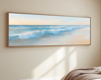 Coastal Beach Wave Canvas Wall Art Ocean Shore Decor Panoramic Seascape Print Coastal Living Room Framed Canvas Neutral Beach Artwork