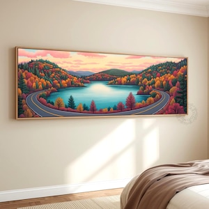 Autumn Lake Wall Art, Large Fall Mountain Landscape Canvas, Scenic Road Trip Decor, Horizontal Artwork