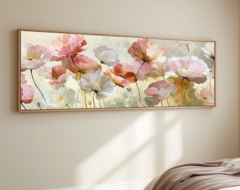 Blush Pink Cosmos Flower Wall Art Pastel Floral Canvas Large Horizontal Garden Painting Romantic Botanical Decor Living Room Bedroom Artwork