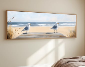 Coastal Seagull Canvas Wall Art Beach Boardwalk Decor Nautical Pastel Shoreline Painting Panoramic Ocean View Artwork Beach Bird Wall Art