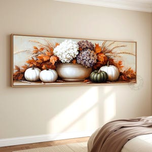 Fall Harvest Hydrangea Pumpkin Canvas Wall Art Rustic Farmhouse Autumn Floral Still Life Neutral Thanksgiving Decor Panoramic Wall Decor