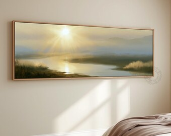Rising Sun Canvas Misty River Landscape Wall Art Print Neutral Mountain Lake Painting Panoramic Nature Decor Soft Beige Living Room Artwork