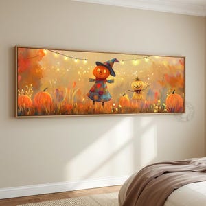 Panoramic Autumn Harvest Wall Art, Halloween Pumpkin Scarecrow Canvas, Whimsical Fall Pumpkin Patch Living Room Art, Country Farmhouse Decor