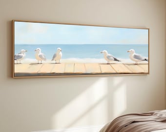 Coastal Seagull Canvas Print Sandpiper Painting Beach Bird Wall Art Nautical Pastel Ocean Painting Panoramic Coastal Living Room Artwork