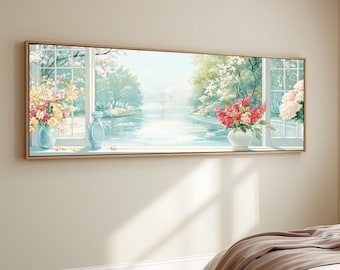 Summer River Window View Canvas Print Floral Landscape Wall Art French Country Flower Painting Soft Pastel Artwork Panoramic Cottage Decor
