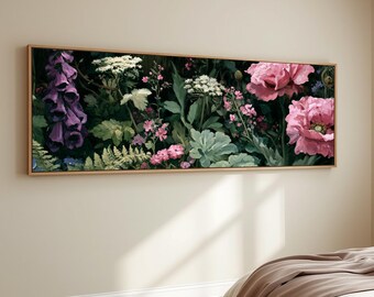Moody Dark Academia Botanical Painting Pink Muted Floral Canvas Wall Art Cottage Garden Flower Artwork Panoramic Living Room Bedroom Decor