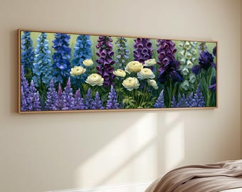 Colorful Wildflower Field Canvas Print Botanical Flower Landscape Wall Art English Garden Foxglove Flower Art Panoramic Living Room Decor