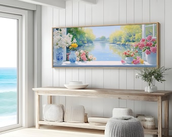 Summer River Window View Canvas Print Floral Landscape Wall Art French Country Flower Painting Soft Pastel Artwork Panoramic Cottage Decor