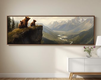 Bear Family Wal Art Foggy Mountain Landscape Canvas  Alpine Valley Nature Artwork Rustic Lodge Decor Wildlife Panorama Framed Canvas