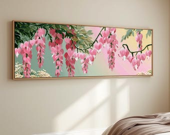 Bleeding Heart Flower Canvas Wall Art Pink Botanical Painting Cottagecore Panoramic Living Room Bedroom Floral Decor Romantic Garden Artwork