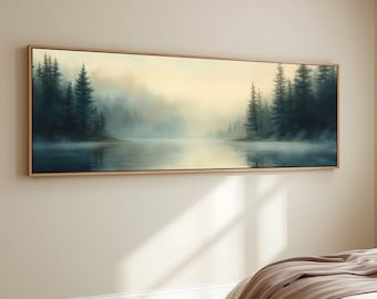 Panoramic Misty Forest Lake Wall Art Canvas Dark Moody Pine Tree Landscape Painting Large Neutral Rustic Cabin Living Room Decor
