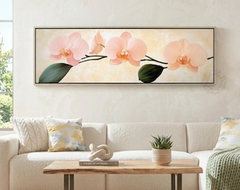 Blush Pink Orchid Canvas Wall Art Botanical Flower Painting Large Horizontal Floral Artwork Soft Neutral Bedroom Print Spa Inspired Decor