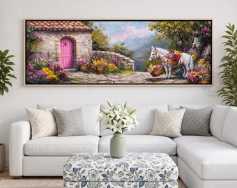 Colorful Flower Garden Painting, White Horse Canvas, Panoramic Countryside Artwork, Vibrant Rural Landscape Art, Farmhouse Above Sofa Decor