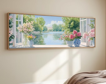 Impressionist Floral Lake Panorama Wall Art French Garden Window View Canvas Print Pink Peony Flower Artwork Cottagecore Living Room Decor