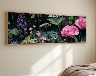 Moody Dark Academia Floral Canvas Wall Art Pink Poppy Botanical Painting Cottage Garden Flower Artwork Panoramic Living Room Bedroom Decor