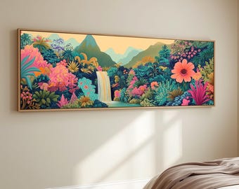 Colorful Forest Landscape Wall Art Jungle Waterfall Canvas Bright Vibrant Botanical Print Pink Floral Decor Coastal Tropical Landscape Print