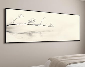 Minimal Branch Wall Art, Panoramic Ink Landscape Print, Extra Wide Zen Canvas, Horizontal Neutral Decor