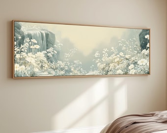 Sage Green Waterfall Wall Art White Floral Meadow Canvas Nature Landscape Painting Cottagecore Botanical Decor Neutral Panoramic Bedroom Art