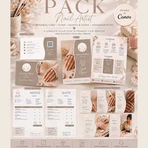 Nail Artist Branding Pack Canva Template | Editable Nail Tech Business Bundle | Flyer, Invoice, Quote, Business Card & Instagram Post