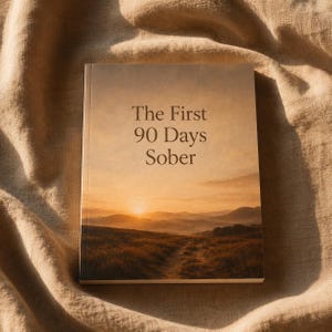 May include: A book titled "The First 90 Days Sober" with a landscape image on the cover. The cover features a path leading towards a sunset over rolling hills. The book is resting on a beige fabric.