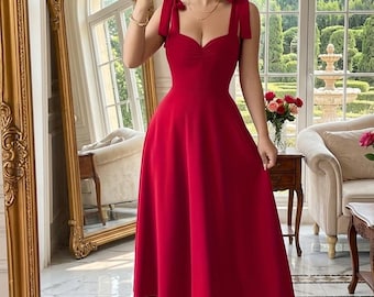 Elegant A-Line Maxi Dress Women – Shoulder Strap Tie Cinched Waist Long Dress, Flowy Party Dress Date Night Dress
