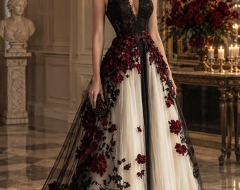 Customized Gothic Wedding Dress Black Ivory,Red 3D Floral Applique Beaded Halter A Line Tulle Bridal Gown, Vintage Alternative Wedding Dress