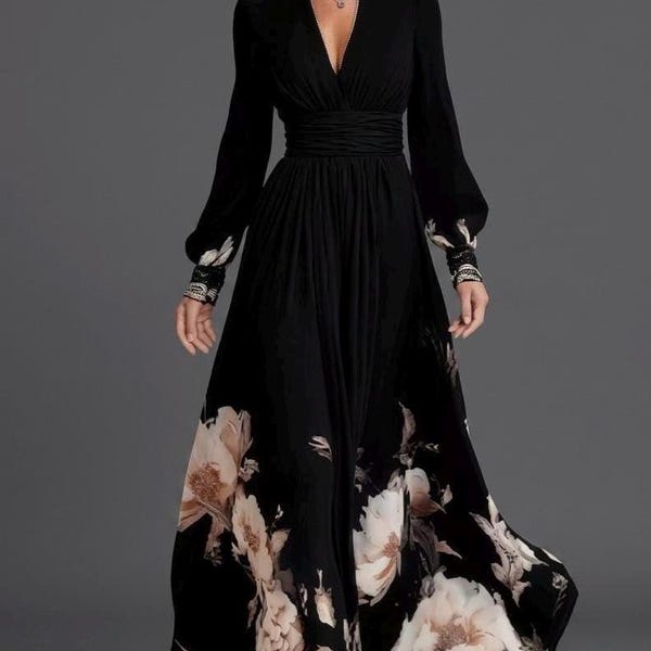 Floral Maxi Dress for Women | Long Sleeve V Neck A-Line Dress | Wedding Guest Dress | Boho Vacation Dress | Elegant Spring Summer Maxi
