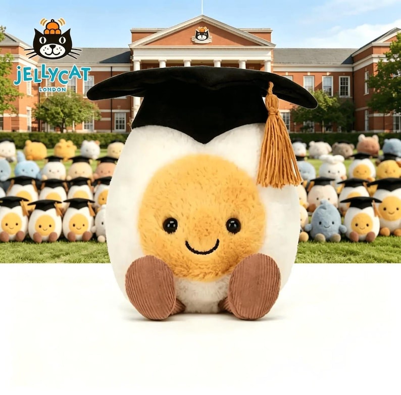 May include: A plush, egg-shaped toy with a smiling face, wearing a black graduation cap with a gold tassel. The toy has a white exterior, a yellow yolk, and brown corduroy feet. Other similar toys are in the background.