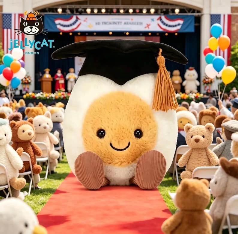 May include: A plush, egg-shaped toy wearing a black graduation cap with a gold tassel. The egg has a yellow yolk, white egg whites, and corduroy feet. The background shows a graduation ceremony with teddy bears.