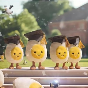 May include: A group of plush egg characters wearing graduation caps with gold tassels. Each egg has a smiling yellow yolk face and brown feet. The eggs are standing on steps, with a blurred background of trees and a bird flying in the sky.