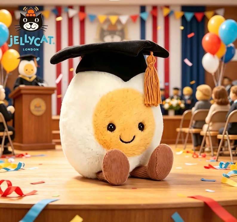 May include: A plush toy egg character wearing a graduation cap with a gold tassel, sitting on a wooden stage. The egg has a smiling face and brown corduroy feet. The background includes balloons, streamers, and a graduation ceremony setting.
