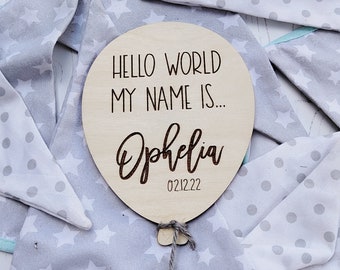 Newborn Baby Name Sign Balloon • Hello Welcome to the World Plaque  • Pregnancy Announcement Photography • Baby Name Announcement Sign