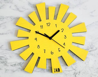 Yellow Sun Wall Clock • Children's Sunshine Clock • Nursery Decor • Personalised Gift • Children's Birthday Present • Baby Room Clock