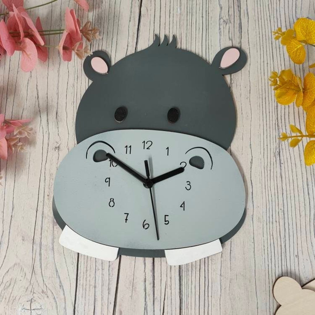 Hippo Clock Children's Clock Safari Nursery Bedroom Decor Personalised