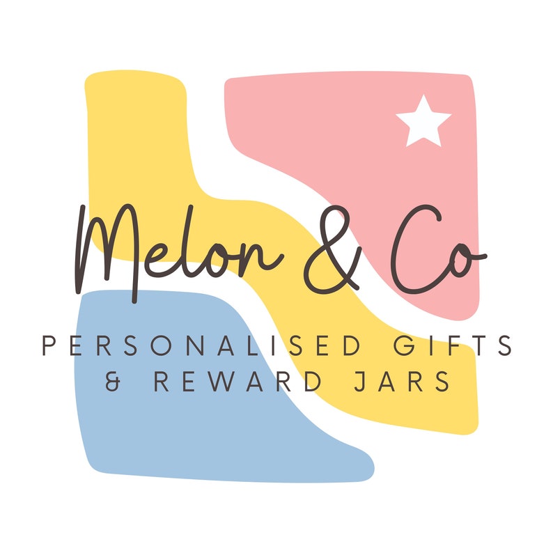 The Melon and co logo. This is made up of three colours; pastel pink, pastel blue and pastel yellow, which lay together in a square formation. The text reads Melon & co. Personalised gifts and reward jars