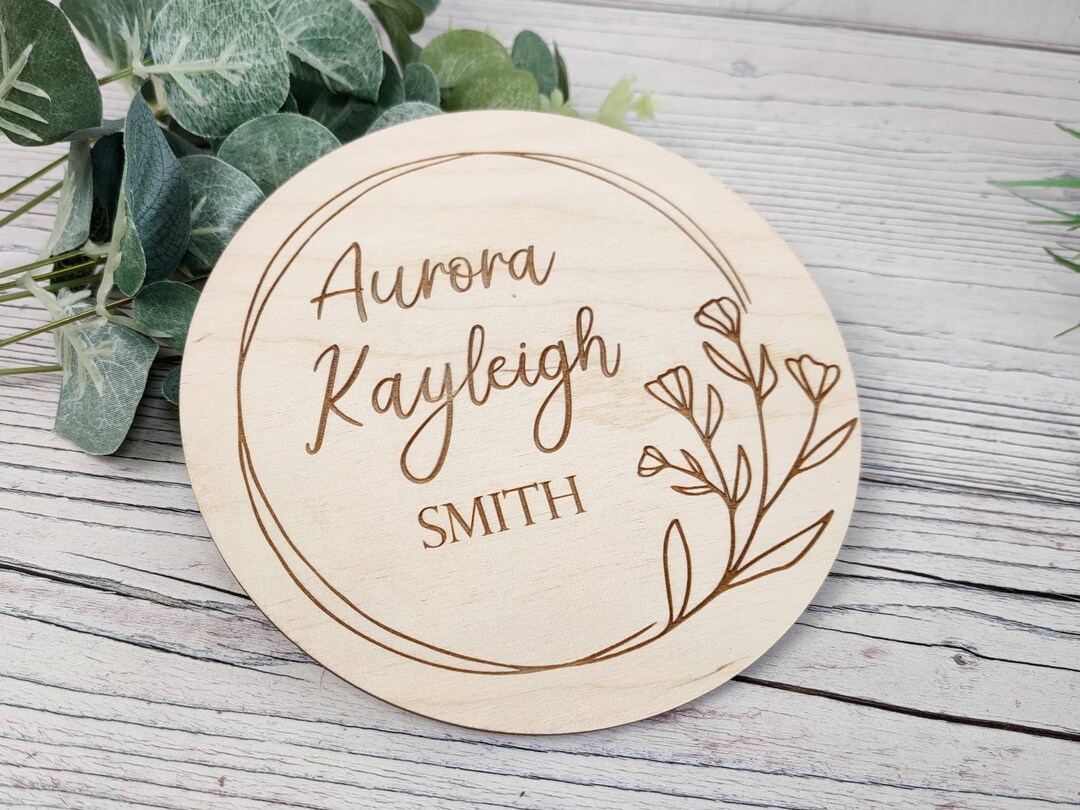 Floral Baby Name Plaque • Birth Announcement Plaque • Engraved Wooden ...
