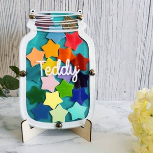 Personalised Reward Jar Reward Chart Turquoise and White Reward Jar Good Behaviour System Personalised Gift Potty Training image 1