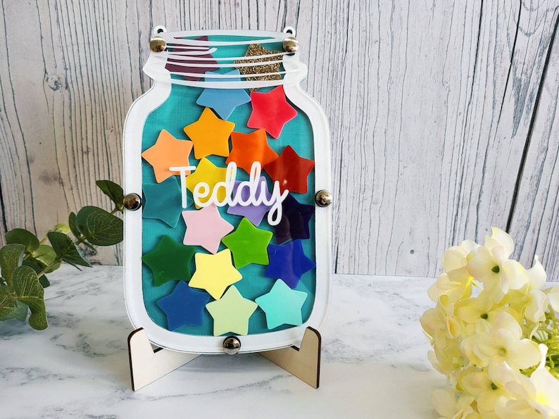 Personalised Reward Jar Reward Chart Turquoise and White Reward Jar Good Behaviour System Personalised Gift Potty Training image 1