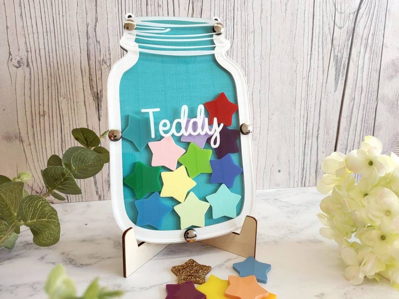 Personalised Reward Jar Reward Chart Turquoise and White Reward Jar Good Behaviour System Personalised Gift Potty Training image 2