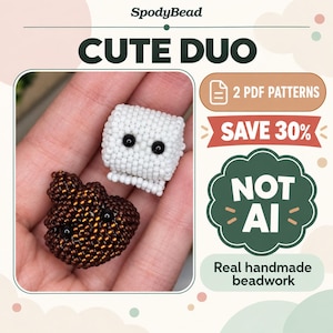 Puede incluir: Dos pequeñas figuras de cuentas, una blanca y otra marrón, cada una con dos ojos de cuenta negra. La figura blanca es cilíndrica y la marrón es redondeada. El texto incluye SpodyBead, CUTE DUO, 2 PDF PATTERNS, SAVE 30%, NOT AI y Real handmade beadwork.