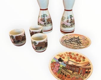 Vintage Japanese Porcelain 7 Pc Sake Set Geisha Pagoda Landscape