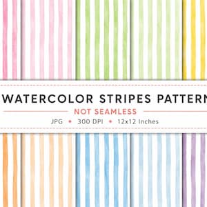 Puede incluir: Una colección de patrones de rayas de acuarela en varios colores, incluyendo rosa, verde, amarillo, naranja, azul y morado. La imagen incluye el texto "WATERCOLOR STRIPES PATTERN NOT SEAMLESS JPG 300 DPI 12x12 Inches".